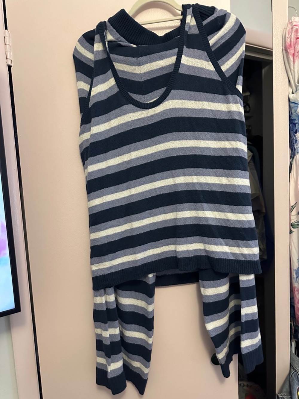Free People Navy and Light Blue Striped Knit Tank & Cardigan Set